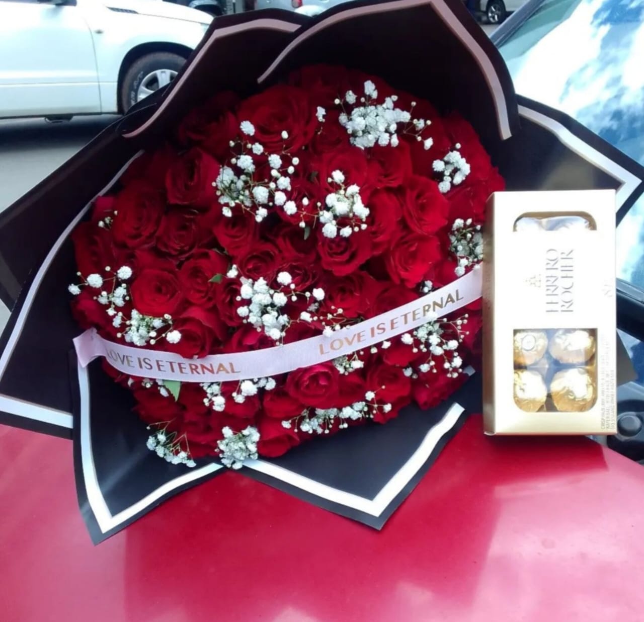 RED ROSES WITH FERRERO ROCHER CHOCOLATES