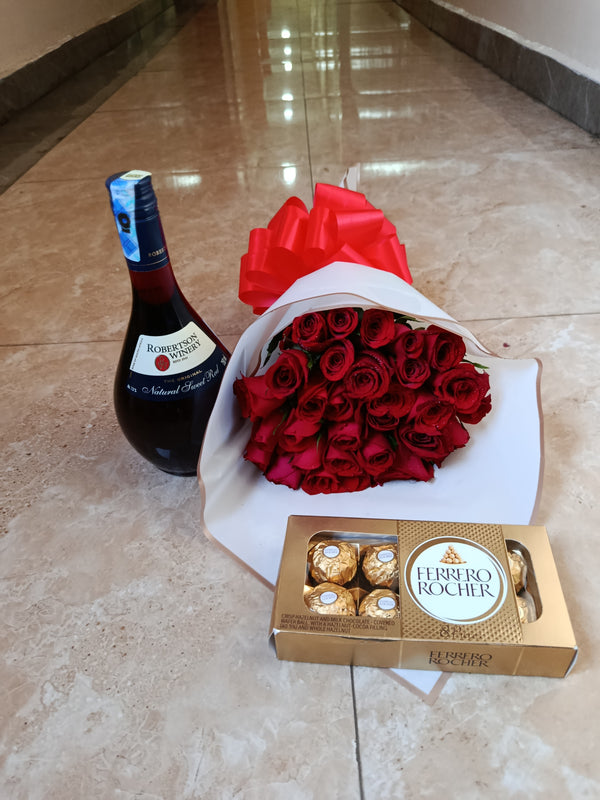 RED ROSES, RED WINE WITH FERRERO ROCHER CHOCOLATES