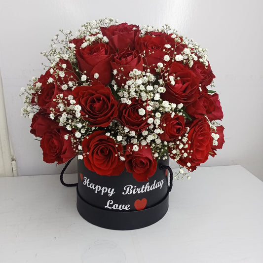 MINI ROUND BOX RED ROSES ARRANGEMENT