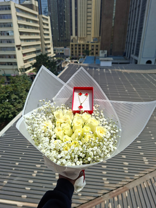 WHITE ROSES WITH NECK & EARRINGS SET