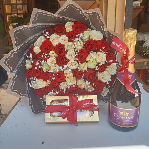 80 ROSES WITH WINE & 8 PIECES FERRERO ROCHER CHOCOLATES