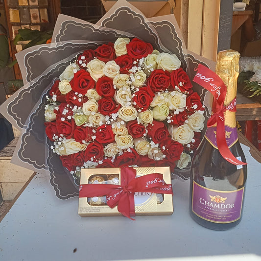 80 ROSES WITH WINE & 8 PIECES FERRERO ROCHER CHOCOLATES