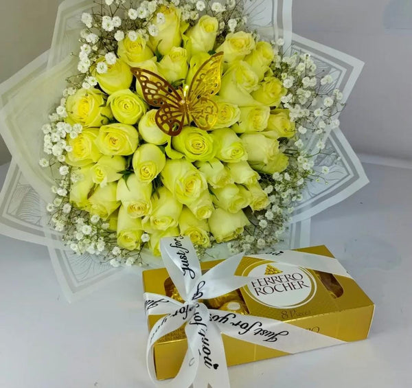 WHITE ROSES WITH FERRERO CHOCOLATES