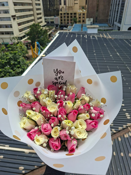 PINK & WHITE ROSES WITH BABY BREATH