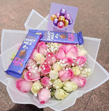 WHITE & PINK ROSES WITH CHOCOLATES