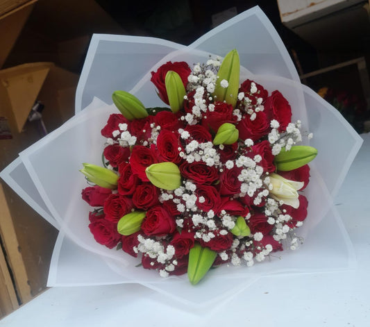 RED ROSES WITH LILIES