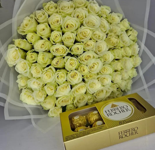80 WHITE ROSES WITH CHOCOLATES