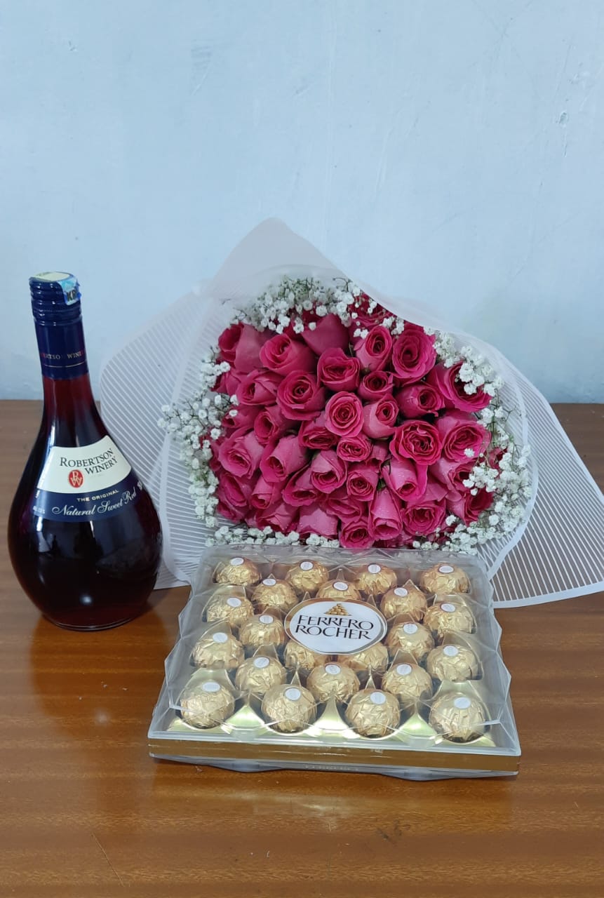 FLOWERS, WINE & 24 PIECES CHOCOLATES
