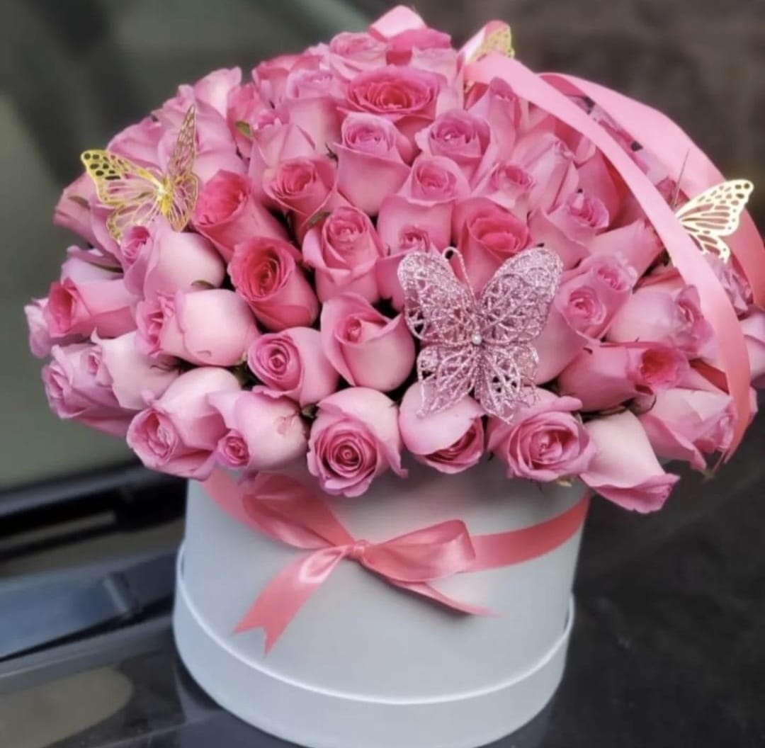 PINK ROSES IN ROUND BOX