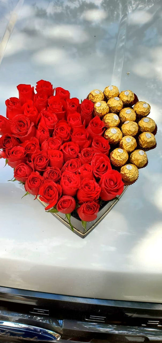 RED ROSES & FERRERO HEARTBOX ARRANGEMENT