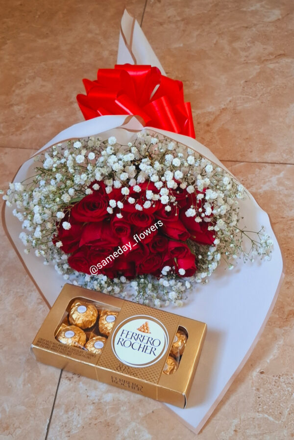 RED ROSES WITH BABY BREATH AND FERRERO ROUCHER CHOCOLATES
