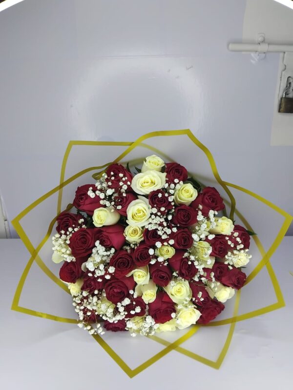 50 RED & WHITE ROSES WITH BABY BREATH