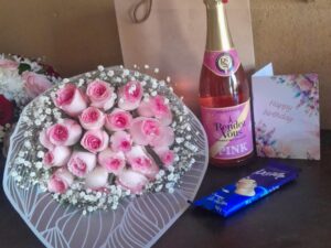 PINK ROSES, CADBURY CHOCOLATE WITH NON-ALCOHOLIC WINE