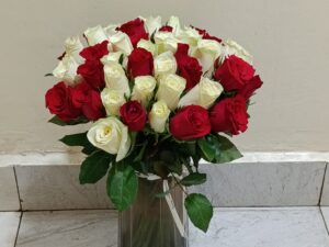 WHITE & RED ROSES IN A VASE