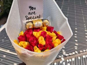 RED & YELLOW ROSES WITH FERERRO ROCHER CHOCOLATES