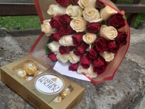 WHITE & RED ROSES WITH FERRERO ROCHER CHOCOLATES