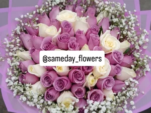 WHITE & PURPLE ROSES WITH BABY BREATH