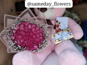 100 CM PINK TEDDY WITH PINK ROSES & FERRERO ROCHER CHOCOLATES
