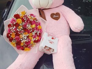 100 CM TEDDY BEAR, RAFAELLO CHOCOLATE & 60 MIXED ROSES