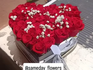 HEART BOX RED ROSES WITH BABY BREATH