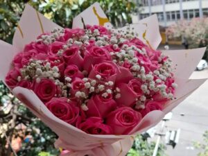 PINK ROSES WITH BABY BREATH