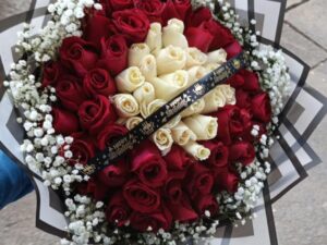RED & WHITE ROSES WITH A BIRTHDAY RIBBON