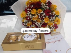 40 RED & YELLOW ROSES WITH FERRERO ROCHER CHOCOLATES