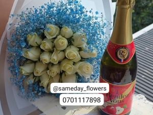 WHITE ROSES WITH BLUE GYSPOPHILLA & WINE