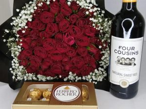RED ROSES WITH BABY BREATH, RED WINE & 8 PIECES CHOCOLATES