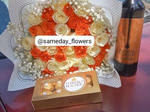 WHITE & ORANGE ROSES WITH ROSSO NOBILE WINE & CHOCOLATES