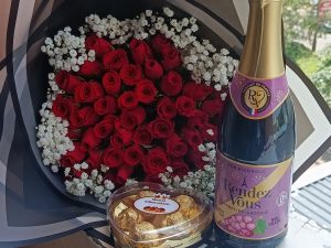 60 RED ROSES WITH BABY BREATH, WINE & CHOCOLATES