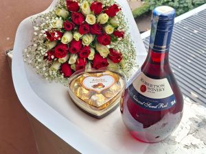 WHITE & RED ROSES WITH BABY BREATH, CHOCOLATES & WINE