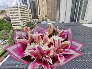 LILIES, CHRYSANTHEMUMS & ROSES BOUQUET