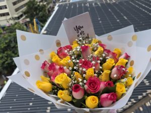 YELLOW & PINK ROSES WITH BABY BREATH