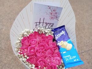 PINK ROSES WITH BABY BREATH & A CHOCOLATE BAR