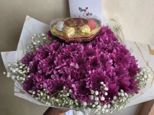 PURPLE CHRYSANTHEMUMS WITH CHOCOLATES