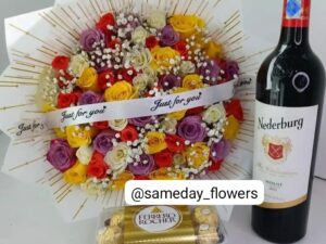 60 MIXED ROSES WITH WINE & 16 PIECES CHOCOLATES